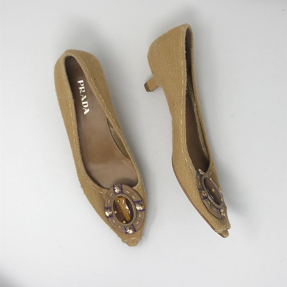 PRADA | Brown Leather & Tweed Gemstone Heels 7.5